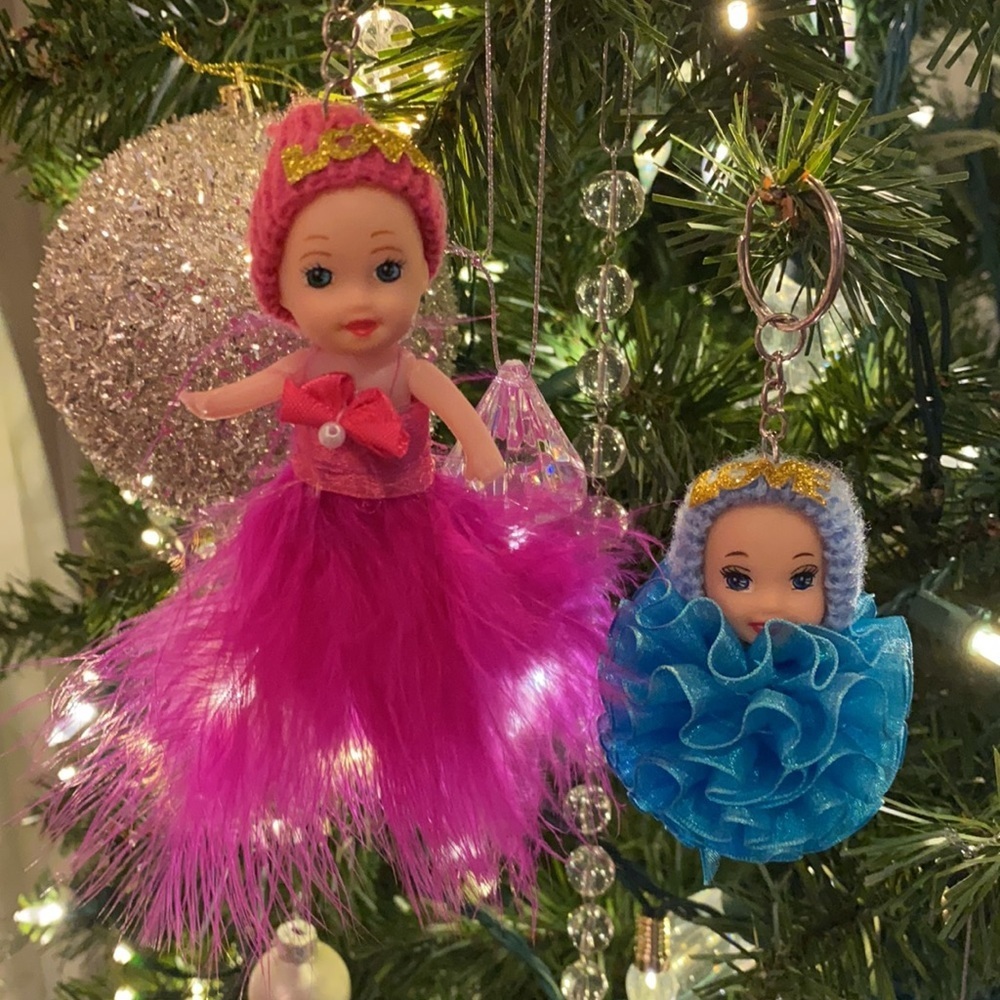 2 baby doll Christmas tree ornaments or keychains pink feather blue ribbon ball‌ - Picture 2 of 16